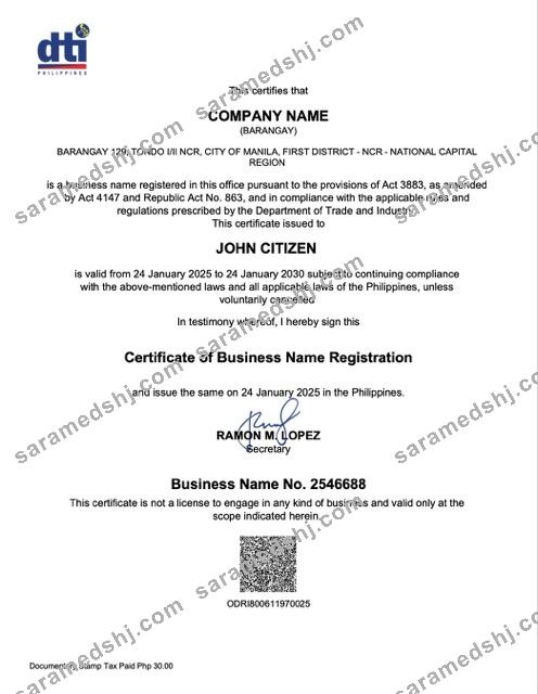 Philippines Barangay certificate of business name registration Word and PDF template